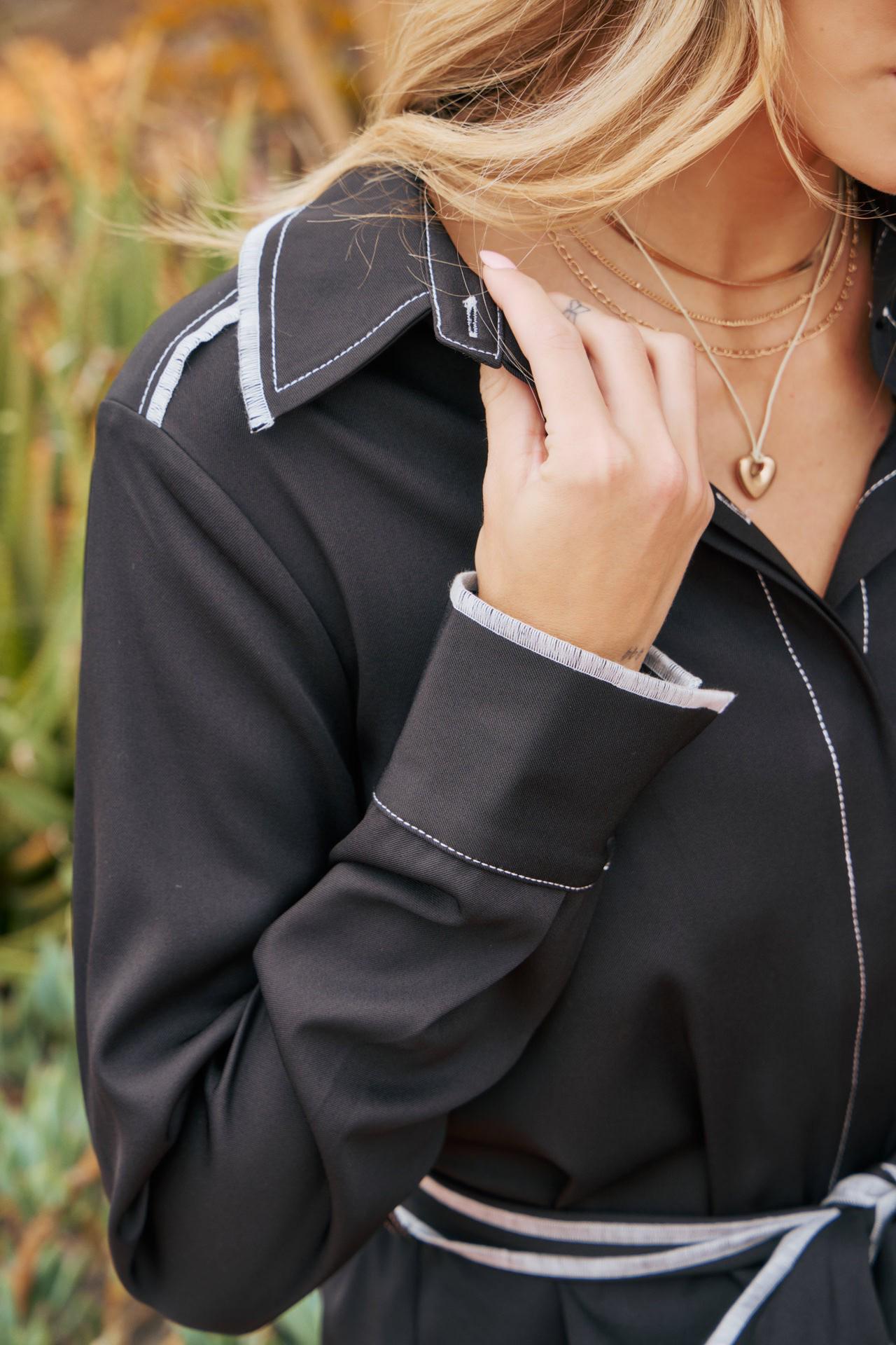 Belted Shirt Mini Dress Long Sleeve Contrast Stitch